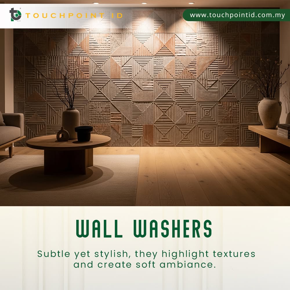 Wall washer lighting highlighting a textured feature wall with soft ambient light